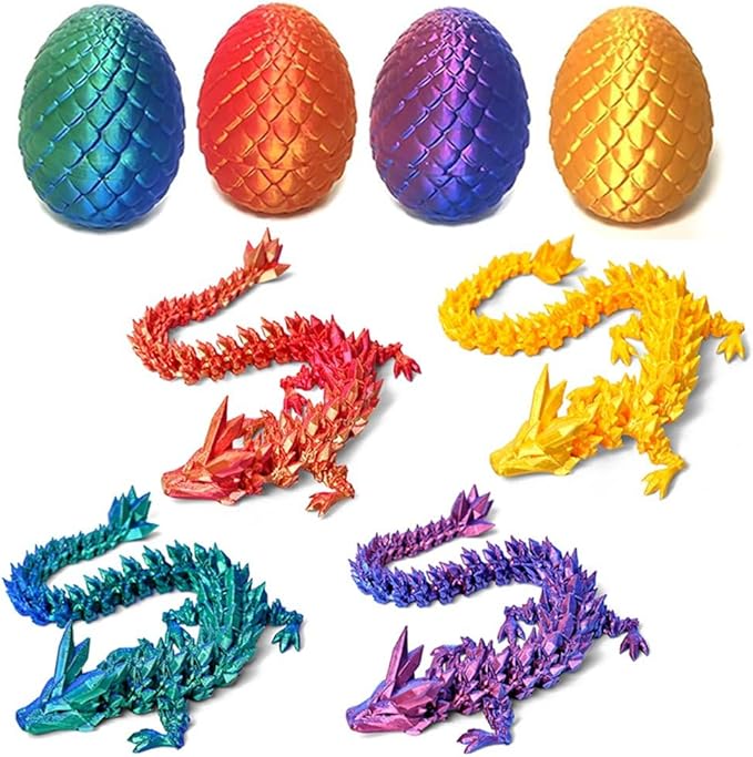 4PCS Mini 3D Printed Dragon Eggs with Inside Dragon - Articulated Crystal Dragons, Easter Basket Fillers, Fidget Toys for Kids, and Festive Easter Decorations