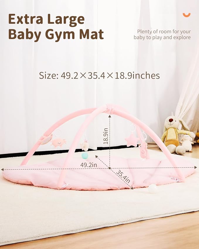 ANGELBLISS Baby Play Gym Mat, Reversible Tummy Time Mat with 6 Sensory Toys for Stage-Based Developmental, Thick & Large Baby Activity Center from Newborn to Toddler (Pink)