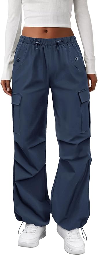COPYLEAF Cargo Pants Women Elastic Waisted Parachute Hiking Pants with Pockets Water-Resistant Lightweight Baggy Pants