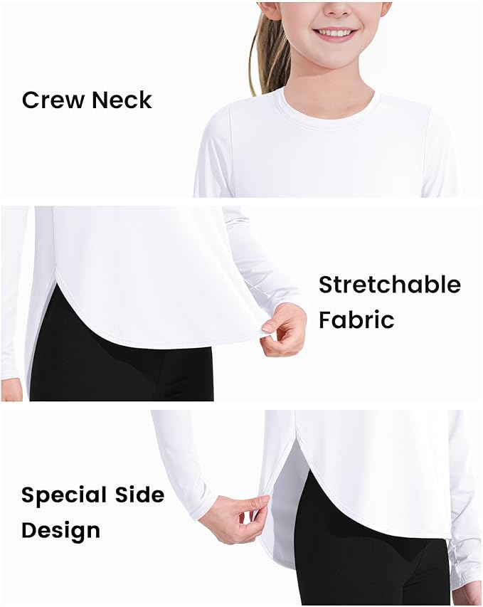 JOCMIC Girls Long Sleeve Shirts Kids Athletic Quick Dry UPF 50+ Sun Shirt Basic Tees for Gym Yoga Tops