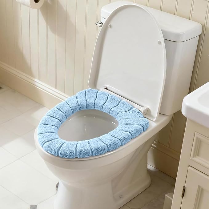 2 PCS Soft Thicker Plush Bathroom Toilet Seat Cover Pads Stretchable Washable Cloth Design for Universal Fit O/U/V/Rectangular Toilets (Blue)