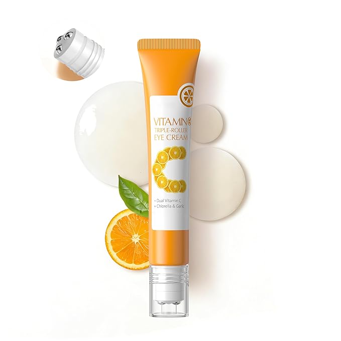AKARY Dual Vitamin C Eye Cream, Hydrating Under Eyes Cream for Dark Circles and Puffiness with Triple-Roller Massage Ball Reduce Bags, Wrinkles and Fine Lines Eye Bags Treatment for Men/Women