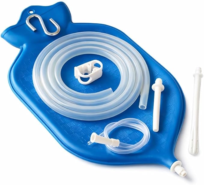 HealthAndYoga™ NaturoFlo Superior Enema Bag Kit with Silicone Tubing Hose and Fittings - 2 Quart Fountain Open top Kit for Fleet Enema and Anal Douche - Blue