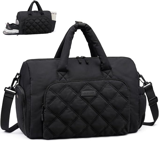 LOVEVOOK Gym Bag for Women with Shoe Compartment,Workout Bag with Large Tumbler Holder Pocket,Carry on Bag for Workout Dance Pilates Ballet Swimming Travel，Black