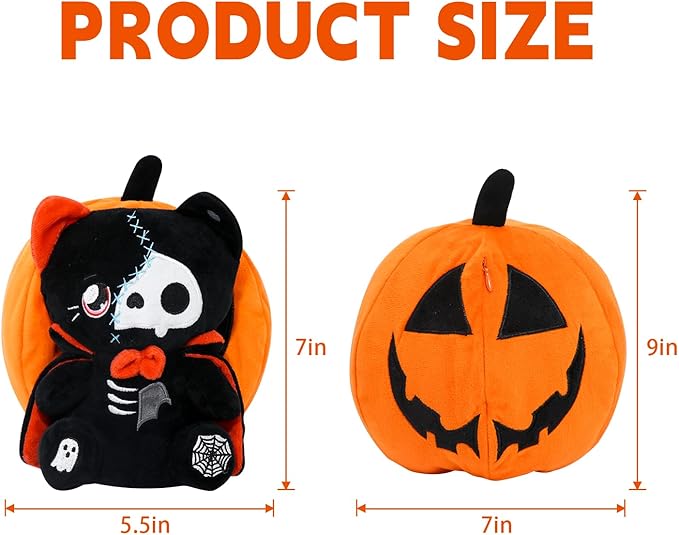 Halloween Reversible Pumpkin Plush Zipper, Skeleton Black Cat Transformed Cat, Stuffed Animal Halloween Boys Girls Kids Birthday Gift
