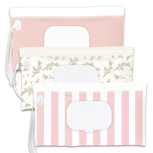 Baby Wipe Holder,Wipe Dispenser, 3-Pack Portable Refillable Wipe Container,Reusable Travel Baby Wipes Case, Waterproof and Dustproof, Wipe Holder for Diaper (Pink)