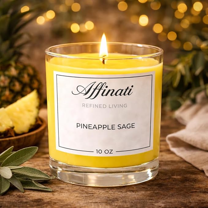 Pineapple Sage Affinati 10 oz Scented Candle for Home – Long Lasting Fruity Soy Blend Candle with Wooden Wick, Strong Scent Throw Glass Jar Candles, Premium Clean Burning Aromatherapy Gifts