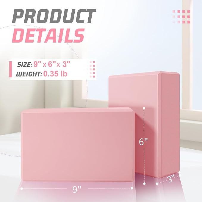 Yoga Blocks 2 Pack 3x6x9IN Foam Block Supportive Latex-Free with Beveled Edges, Non-Slip Exercise Blocks for Pilates, Meditation, Balance, Stretching and Deep Poses