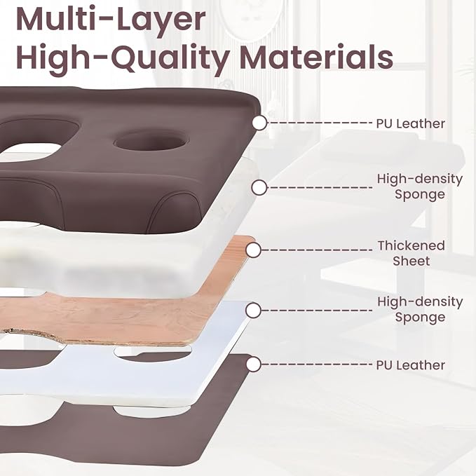 Professional Stationary Massage Table with Backrest, Adjustable Thick Foam Spa Massage Beds,Metal Frame PU Leather 27.55'' Wide 72.83'' Long Heavy Duty Bed for Massages, Hairdressing, Spas(Brown)