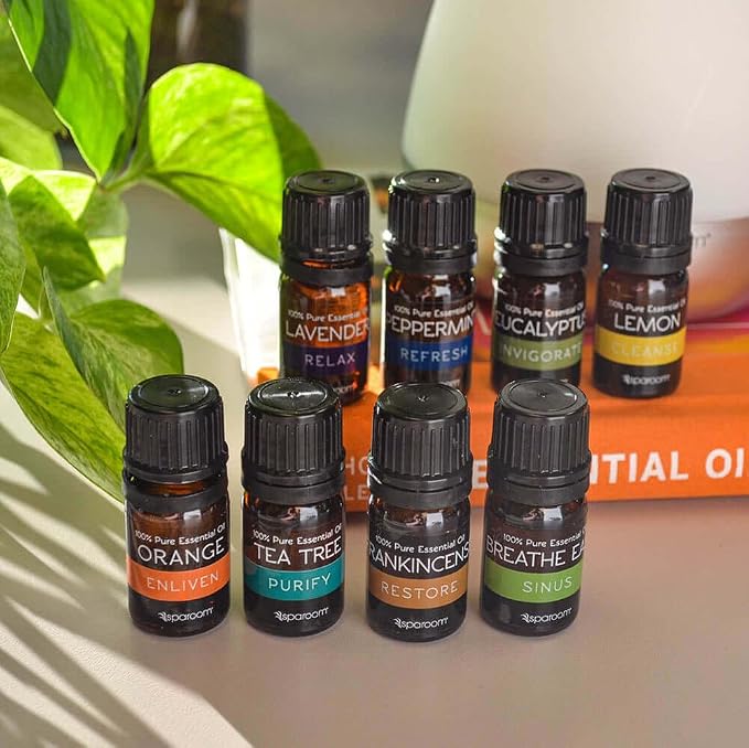 SpaRoom 100% Pure Essential Oils Set; Perfect for Aromatherapy, Diffusers, Humidifiers and Home Care, Gift Set of 8