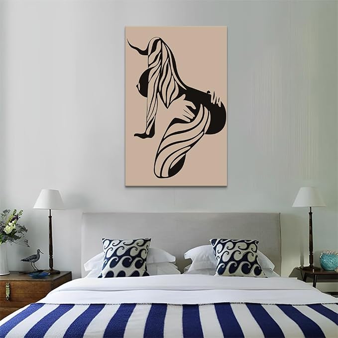 Yeesjoee Large Minimalist Female Line Abstract Wall Art Girl Silhouette, Nude Woman Body Canvas Print, Black & Beige Sexy Picture Painting for Home Living Room Modern Bedroom Decor, 28x44 in Framed