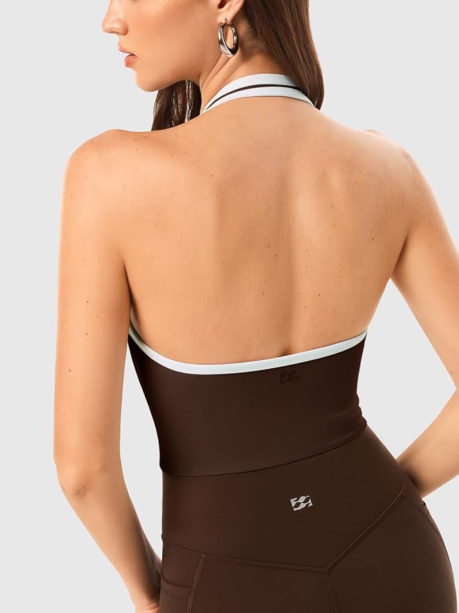 Halter Workout Top for Women: Open Back Sports Bra Color Block Tops with Built in Bra Yoga Gym Crop