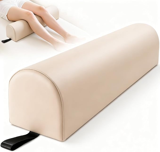 Noverlife 3/4 Round Knee Bolster for Massage Table, 26x6x6 in Massage Pillow for Legs w/Strap Handle, PU Leather Massage Table Leg Bolster Massage Therapy Bolster Pillow for Back Pain Relief - Beige