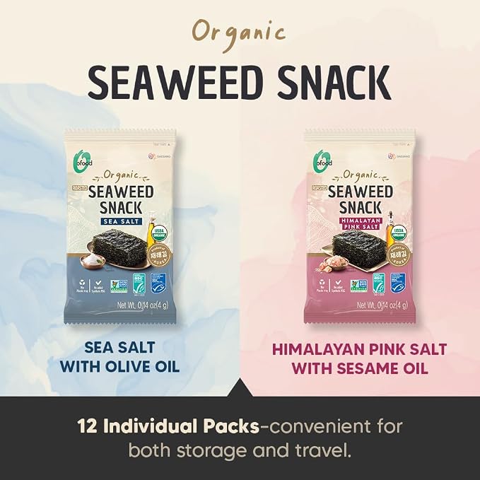 Roasted Seaweed Snack [Himalayan Salt | Pack of 12] Crispy Korean Laver Sheets | Vegan | Gluten-Free Nori | Low-Calorie | Perfect for Sushi, Rice Bowls, Snacks, Lunchboxes, Picnics, Plant-Based Korean Seaweed Chips - O’food