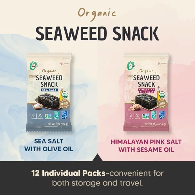 Roasted Seaweed Snack [Sea Salt | Pack of 12] Crispy Korean Laver Sheets | Vegan | Gluten-Free Nori | Low-Calorie | Perfect for Sushi, Rice Bowls, Snacks, Lunchboxes, Picnics, Plant-Based Korean Seaweed Chips - O’food