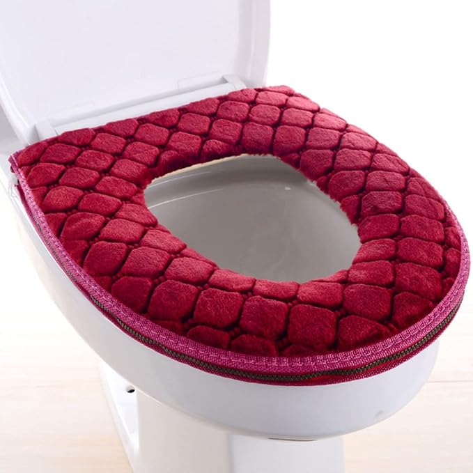 Toilet Seat Cover, Toilet Seat Cushion Warmer Washable Cover Pads with Zipper, Red