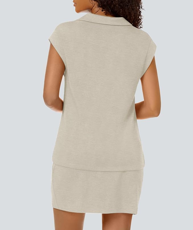 Casly Lamiit Womens Two Piece Skirt Sets Casual Cap Sleeve Lapel V Neck Tops Summer Travel Outfits Short Tennis Skort Set