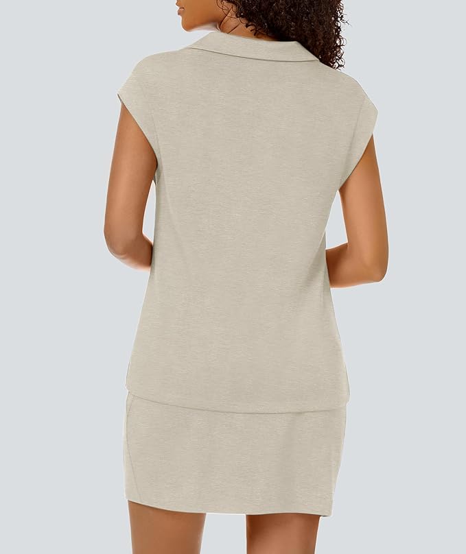 Casly Lamiit Womens Two Piece Skirt Sets Casual Cap Sleeve Lapel V Neck Tops Summer Travel Outfits Short Tennis Skort Set