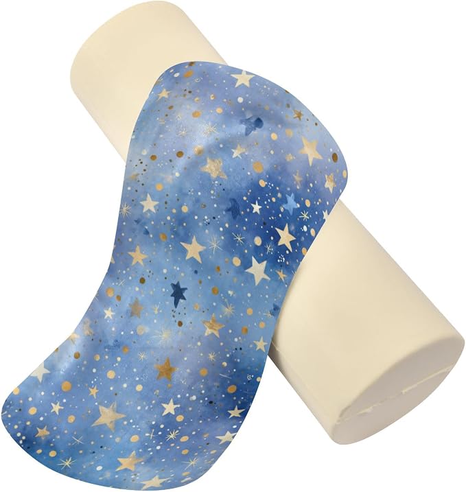 Blue Romantic Golden Stars Neck Roll Pillow Bolster Round Health Memory Foam Long Cervical Cylinder Pillows with Removable Washable Cover for Body Bed Legs Back Yoga