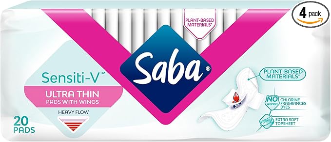Saba Sensiti-V Ultra Thin Regular Sanitary Napkin Pads with Wings, 4-Pack of 20 Pads (80 Count)