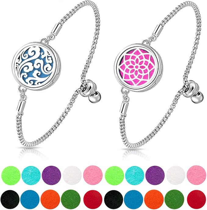 2 Pcs Essential Oil Diffuser Bracelet, Stainless Steel Aromatherapy Diffuser Locket Adjustable Bracelet with 20 Colorful Unscented Refill Pads, Set for Women Girls