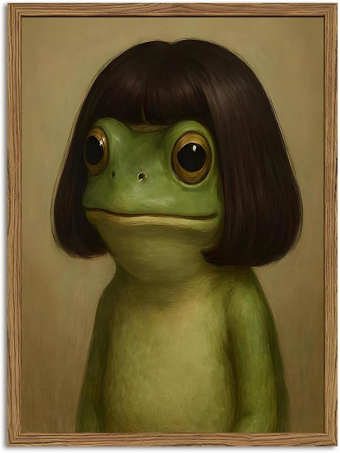 Funny Frog Wall Art, Whimsical Green Frog Wall Decor Painting Cute Animal Poster Canvas Prints Artwork for Living Room Bedroom Bathroom 16x24 inch Wood Framed