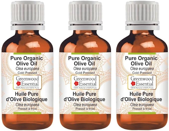 Greenwood Essential Pure Olive Oil (Olea europaea) Cold Pressed (Pack of Three) 100ml X 3 (10 oz)