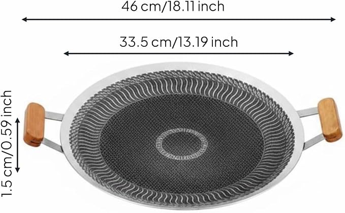 Korean Barbecue Pan Coating Round Stainless Steel Griddle Easy to Clean double Handle Grilling Pan for Camping, Outdoor, 34CM, Wood Handle