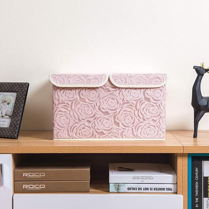 Large Stackable Storage Bins with Lids Fabric Decorative Storage Box Cubes Organizer Containers Baskets with Cover Handles Divider for Bedroom Closet Living Room 17.3x11.8x9.8 Inch 3 Pack