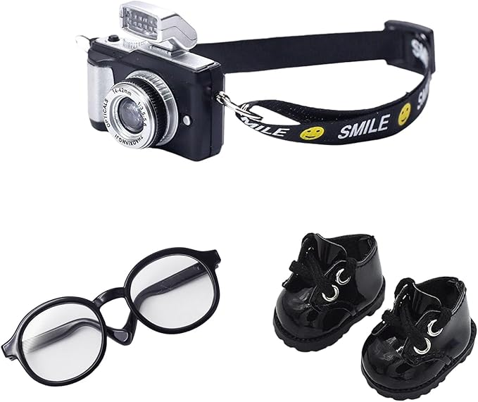 3pcs Doll Accessories Set Included Mini Glasses, Camera and Shoes for 17cm Doll, Dress Up Accessories Mini Costume Supplies for for 6.7 Inches Dolls (Set of Black)