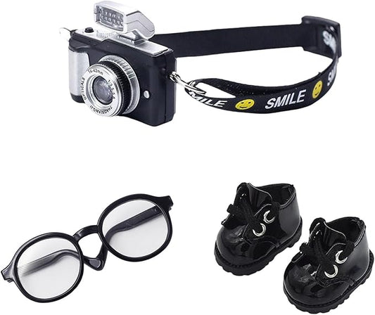 3pcs Doll Accessories Set Included Mini Glasses, Camera and Shoes for 17cm Doll, Dress Up Accessories Mini Costume Supplies for for 6.7 Inches Dolls (Set of Black)