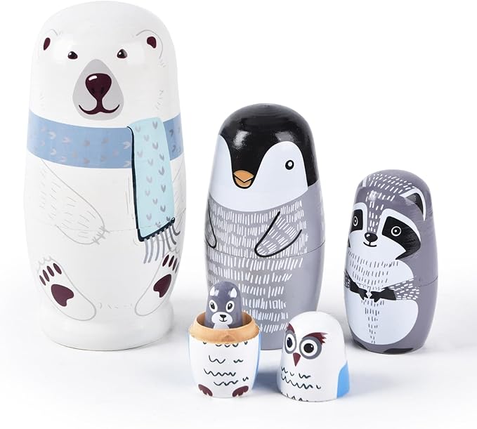 Nesting Dolls, 5Pcs 6" Tall Russian Nesting Dolls, Polar Bear Christmas Decorations，Handmade Matryoshka for Kids, Wooden Stacking Toys for Christmas Home Wedding Party Decorations (Polar Bear)