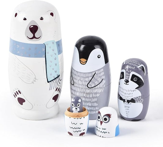 Nesting Dolls, 5Pcs 6" Tall Russian Nesting Dolls, Polar Bear Christmas Decorations，Handmade Matryoshka for Kids, Wooden Stacking Toys for Christmas Home Wedding Party Decorations (Polar Bear)