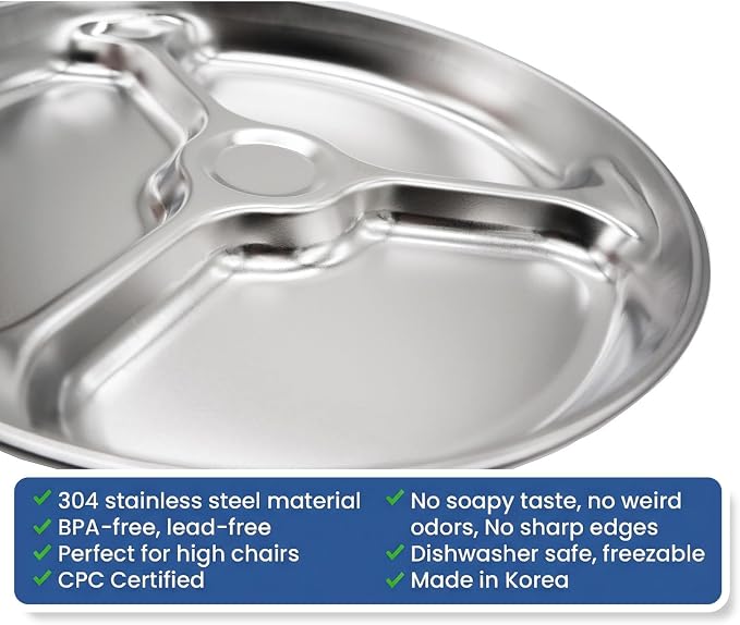 Korean Stainless Steel Non-Toxic Divided Plates for Toddlers & Kids 2-Pack | Premium 304 electro-polished stainless steel with no black residue. BPA-free 8" food tray for babies school & daycare