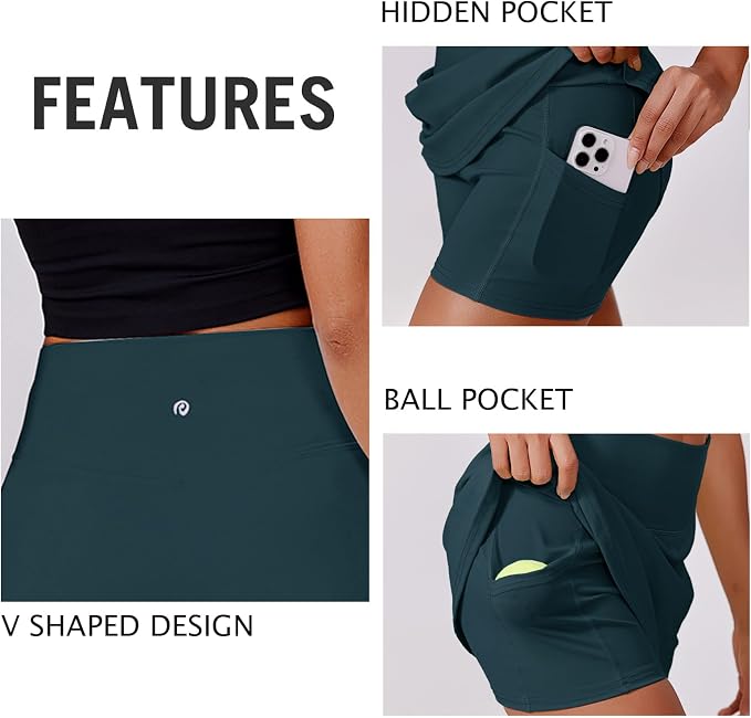 PINSPARK 14" Womens Tennis Skirt High Waisted Golf Skort with 2 Pockets | Built-in Shorts, A Line, Tummy Control, Stretchy, Casual, Mini, Workout, Pickleball, Running, Skort for Woman