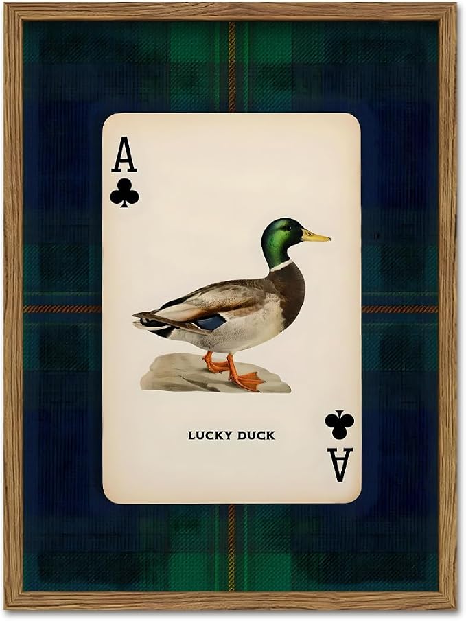 Vintage Mallard Duck Wall Art Cottage Core Hunting Lucky Duck Wall Decor Picture Dark Wildlife Playing Card Poster Canvas Print Painting for Farmhouse Bedroom Living Room 12x16 inch Wood Framed