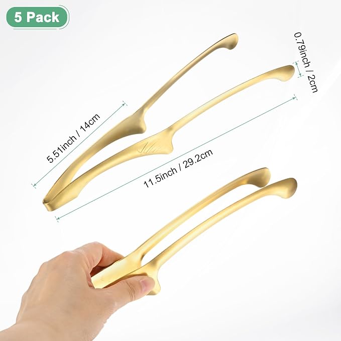 M METERXITY 5 Pcs Korean and Japanese BBQ Tongs 11.5 Inch Barbecue Tongs 430 Stainless Steel Kitchen Self-Standing Grill Non-Slip for Grill/Salad/Camping/Cooking [Gold]