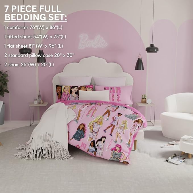 Franco Barbie Barbiecore Bedding Super Soft Comforter and Sheet Set with Sham, 7 Piece Full Size, (Official Licensed Product)