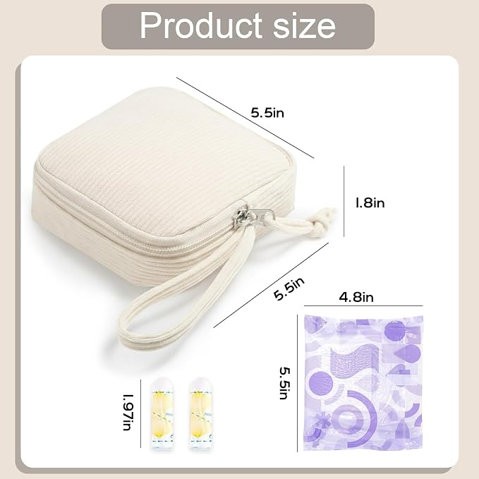 Corduroy Period Pouch for Women, Cute Sanitary Pad Pouch with Zipper, Portable Tampon Holder for Purse, Sanitary Napkin Storage Bag for Travel (Beige)