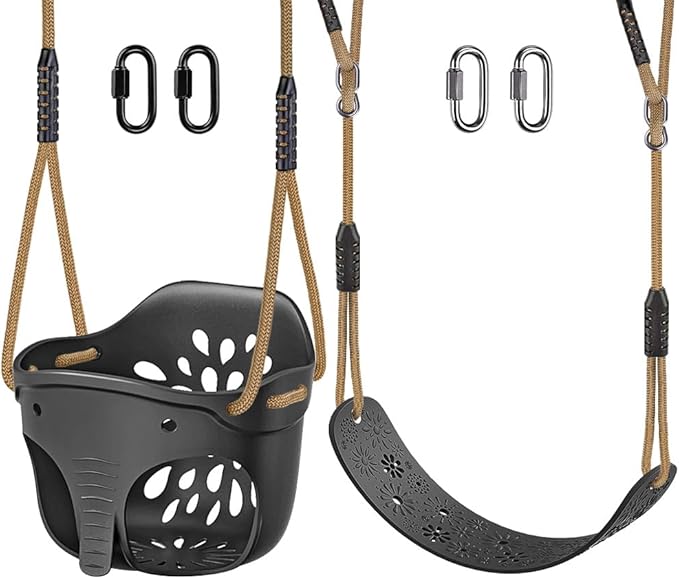 SELEWARE Toddler Swing Set Accessories High Back Full Bucket Swing Seats w/Adjustable Rope and 4 Locking Carabiners, Cute Elephant Shape Design 600LB Capacity (2 Pack)