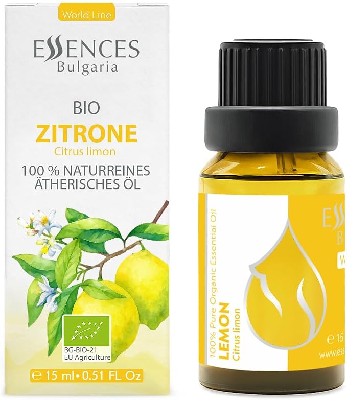 Essences Bulgaria Organic Lemon Essential Oil 0.51 Fl Oz | 15ml | Citrus Limon | 100% Pure | Natural | Undiluted | Therapeutic Grade | Aromatherapy | Cosmetics | Cruelty Free | Non-GMO | Vegan