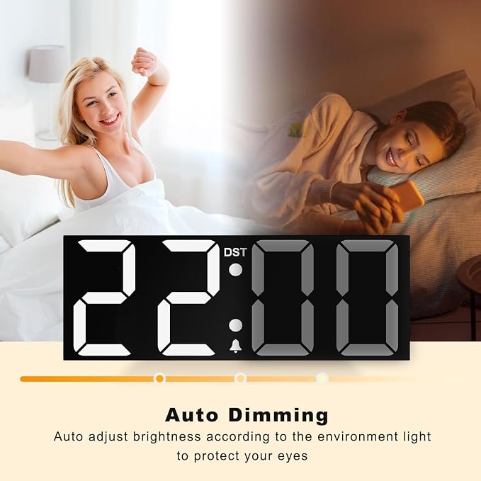 JALL 22" Large Digital Wall Clock, Big LED Display with Night Light, Auto Dimming & DST, Giant Alarm Clock for Seniors, Elderly Parents, Gift for Mom Dad (White)
