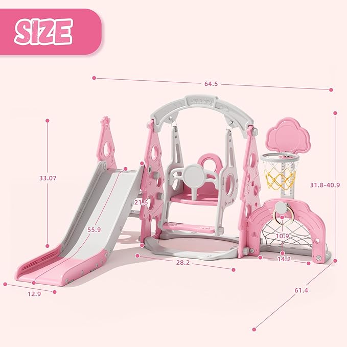 XJD 6-in-1 Toddler Slide and Swing Set, Kids Slide for Toddlers Age 1+, Toddler Outdoor Playset with Basketball Hoop, Football Frame, Swing, Christmas Birthday Gifts for Kids (Light Pink)