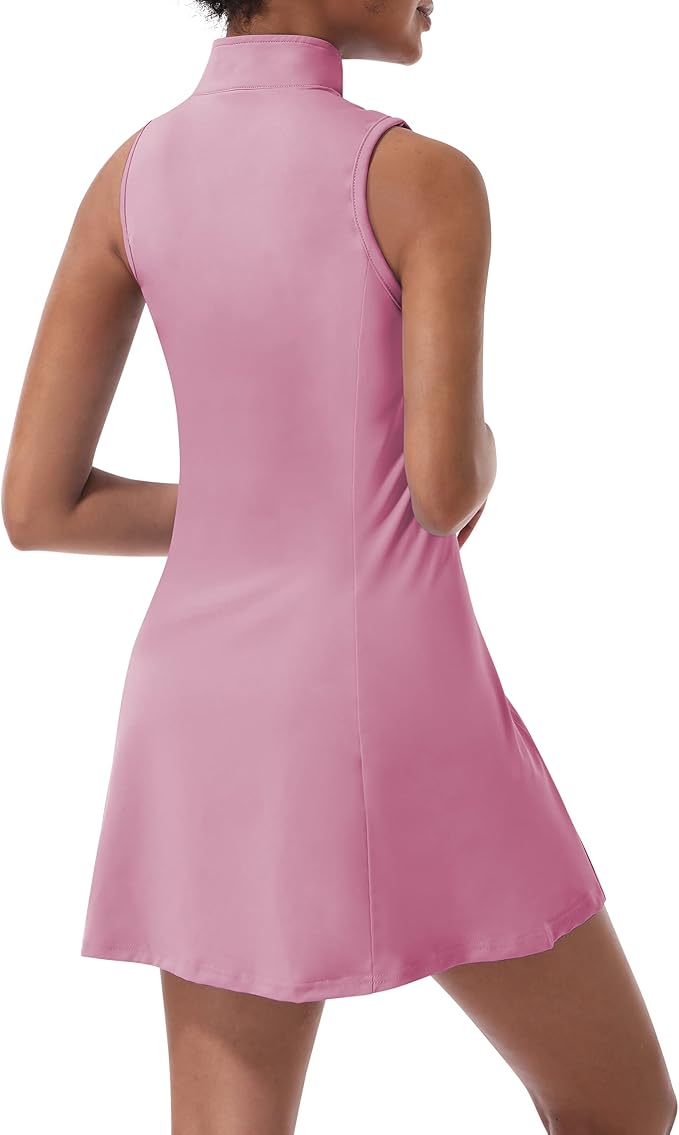 Tennis Dress for Women, Golf Dress with Shorts and Pockets Athletic Dress | Sleeveless Collared Half-Zipper Workout Sport Dress, Stretch Moisture Wicking Fabric, Tennis Golf Outfits
