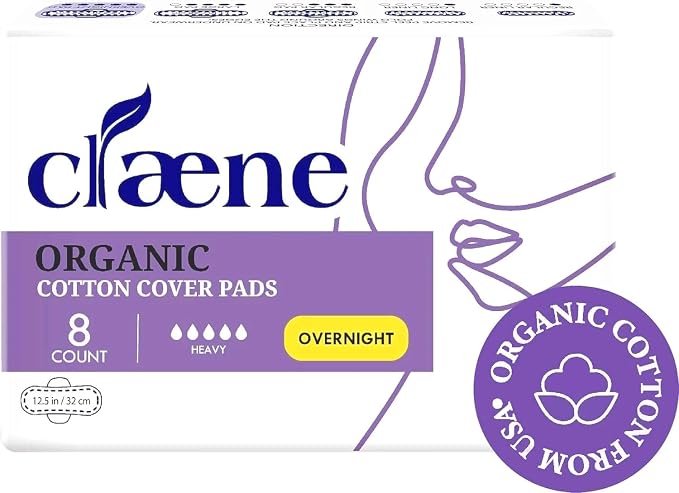 Claene Organic Cotton Cover Pads, Cruelty-Free, Menstrual Overnight Pads for Women, Unscented, Breathable, Vegan, Natural Sanitary Napkins with Wings (Overnight, 1 Pack, Total 8)