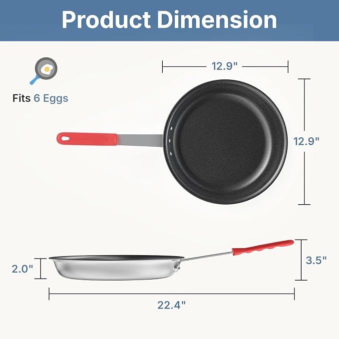 DUMOS 12 Inch Nonstick Frying Pan, Heavy-Gauge Aluminum Skillet with Ceramic Nonstick Coating, Stainless Steel Base & Handle, Omelet Pan for Induction, Electric, Gas, Oven Safe, Red Handle