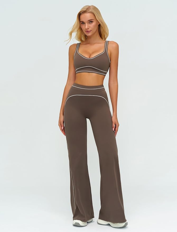 ABOCIW Two Piece Workout Sets for Women Racerback Tank Top Matching High Waist Wide Leg Yoga Pants Pilates Outfits