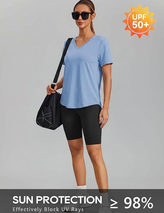 PINSPARK Soft Workout Tops for Women Short Sleeve V Neck Moisture Wicking UPF 50+ Sun Protection Quick Dry Gym Shirts