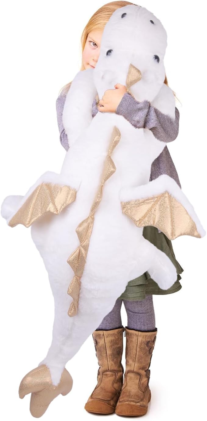 ARELUX Large 37in Cute Dragon Stuffed Animals Plush Toy Soft White Pterosaur Plushie Giant Fuzzy Dinosaur Pillow Plushies with Gold Wings Cuddly for Friends Family Member
