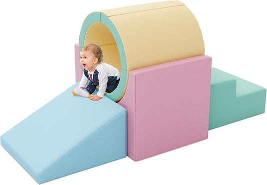 TOLEAD Tunnel/Ramps Foam Climber, Climb & Crawl Foam Activity Play Set for Toddlers and Kids, Safe Indoor Crawling Gym Equipment for,Infant,Baby Waterproof Easy to Clean (Pink)